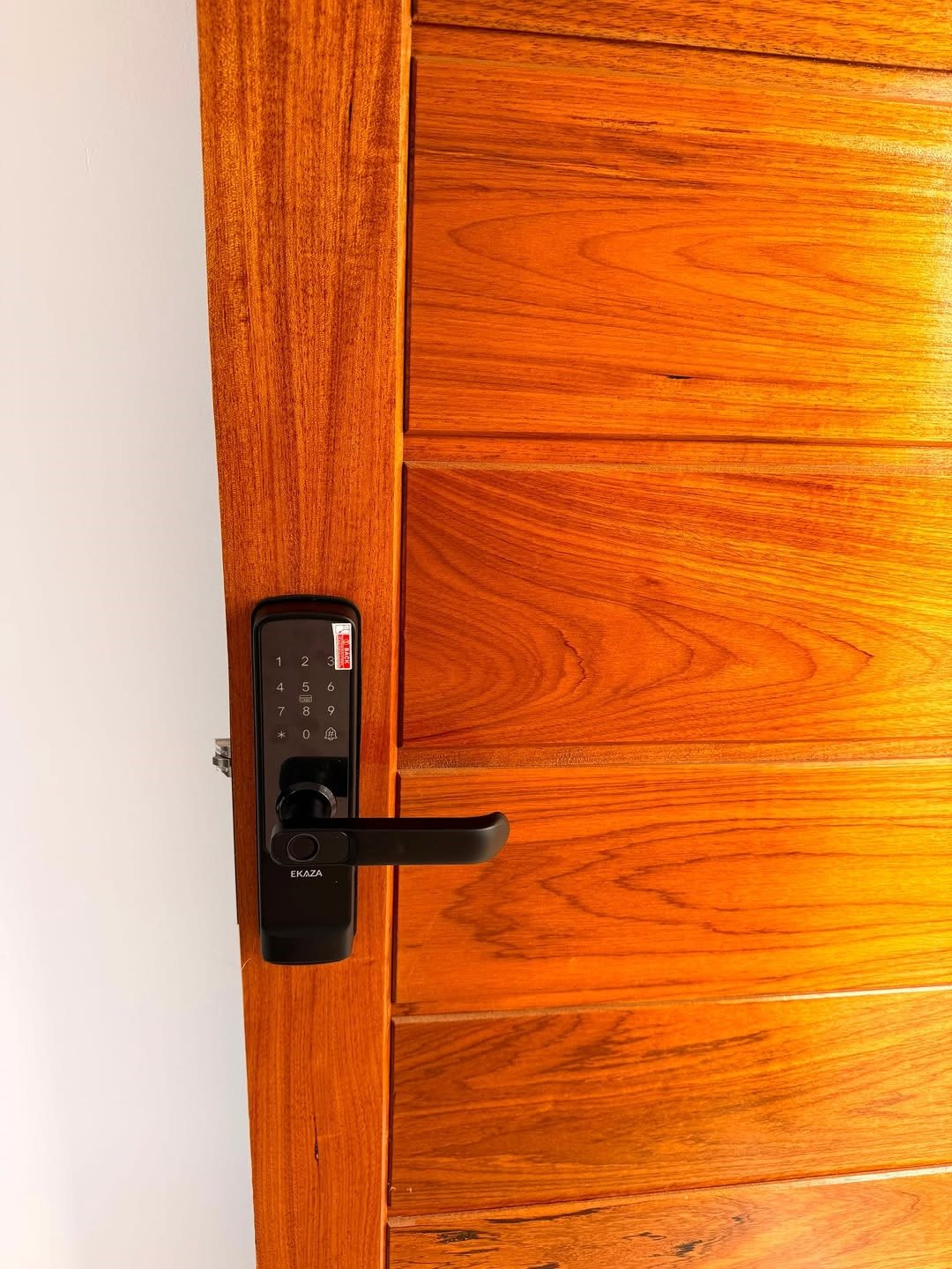 Detalhe da instalação de uma fechadura eletrônica em porta residencial