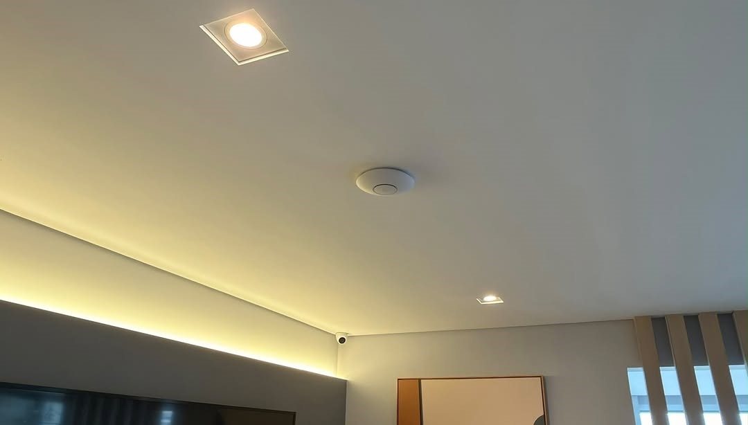 Caixas acústicas de embutir instaladas no teto de uma sala